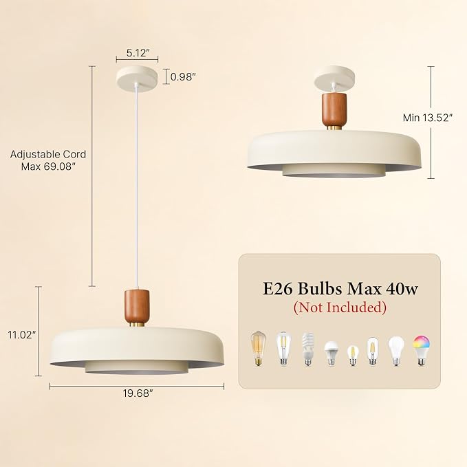 Mid Century Modern Pendant Light: 20" 2-Tiered Cream Metal Nordic Lighting | Wood Brass Iron Hanging Ceiling Light, Kitchen Pendant Lighting Over Island, Dining Room Bedroom Hallway Entryway Chandelier