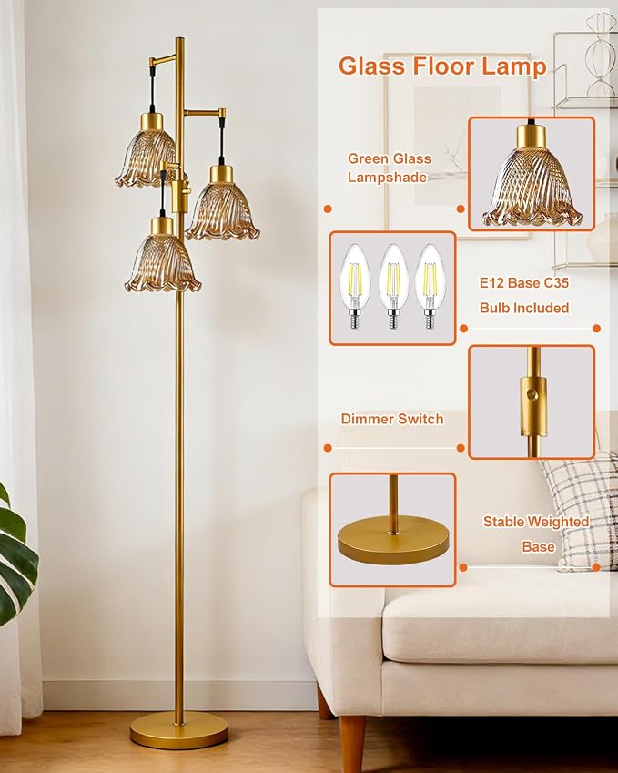 Lightdot Glass Floor Lamps for Living Room, 3-Light Dimmable Floor Lamp with Amber Glass Shade& E12 Bulbs Included, Mid Century Standing Tall Lamp with 5Lbs Heavy Base for Bedroom/Sofa Beside-Gold