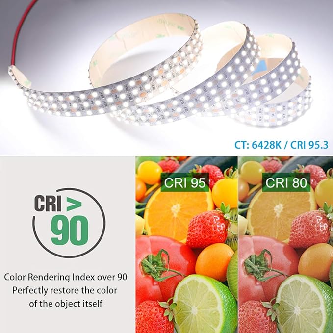 High CRl 95 LED Strip Lights 6000K Daylight White, DC12V Brightest Triple Row 1800LEDs 3528 Full Spectrum LED Strip for Photography & Display (12V 6000K 5m/16.4', Non-waterproof IP20)