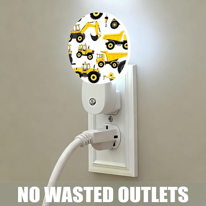 Mugod Yellow Construction Vehicles Pattern Plug-in Nightlights Cute Cartoon Night Light Plug into Wall with Dusk-to-Dawn Sensor LED Lighting 0.5W Sleep-Friendly
