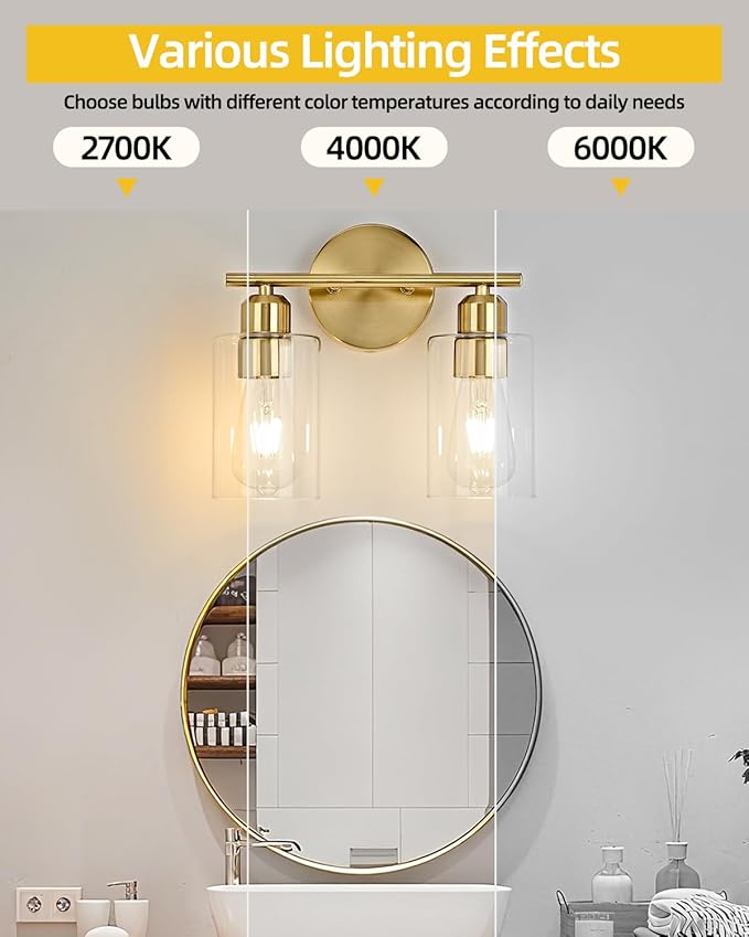 2-Light Bathroom Light Fixtures, Gold Bathroom Vanity Lights, Bathroom Lighting Fixtures Over Mirror with Clear Glass Shade, Wall Sconce Light for Bedroom, Living Room and Hallway