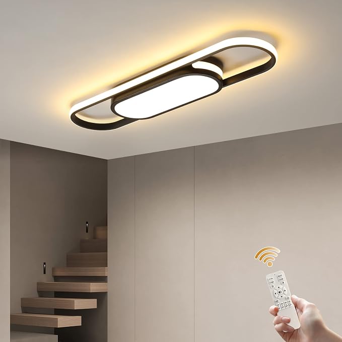 Tioolo Modern LED Ceiling Light, 27.5in Dimmable Linear Fixture with Remote | 3000K-6500K Flush Mount Ceiling Light, Black Acrylic Long Ceiling Light, Memory for Kitchen, Bedroom, Hallway, Closet, 40W