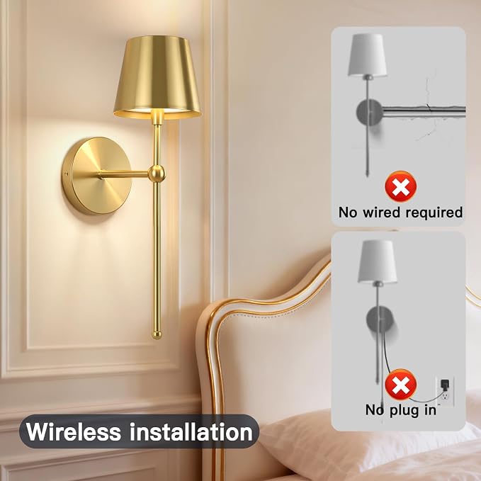 TaoFiaCo Battery Operated Wall Sconces Set of 2,Wireless Wall Sconce Gold | 5200mAh Rechargeable, Remote, Timer, Dimmable, Cordless Wall Light for Bedroom Living Room, Hallway, Light Decor