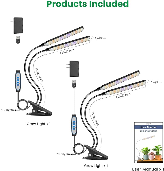 Aumtrly Grow Light Clip on, 2 Pack Black, 228 LED Full Spectrum Plant Lamp | for Seed Starting and Indoor Plants Growing, 6/12/16H Auto Timer, 5 Dimming Levels, 3 Light Modes, Flexible Gooseneck Arm