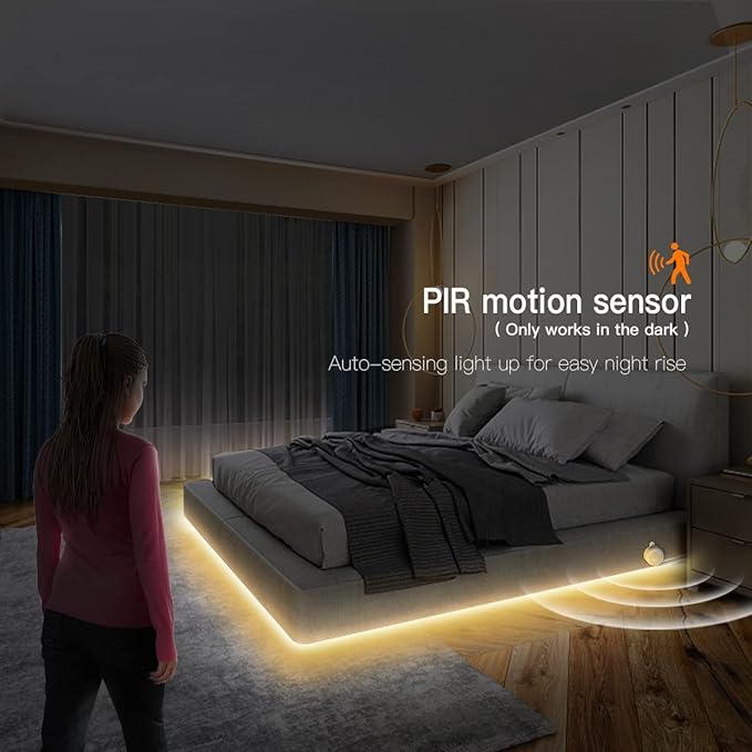 3.3FT/1M Motion Activated COB LED Strip Light 5V USB Motion Sensor Neon LED Rope Light Indoor Under Bed Lights 3500k Warm White LED Under Closet Lights for Stairs, Under Bed, Closet, Cabinet