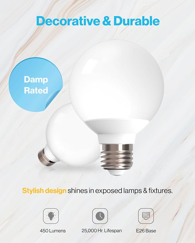 Sunco 12 Pack G25 LED Light Bulb, Globe, Vanity Bathroom Mirror, 6W=40W | 3000K Warm White, Frosted Lens, 450LM, Dimmable, E26 Medium Base, Vanity Mirror Lighting, Damp Rated, Decorative Round Bulb
