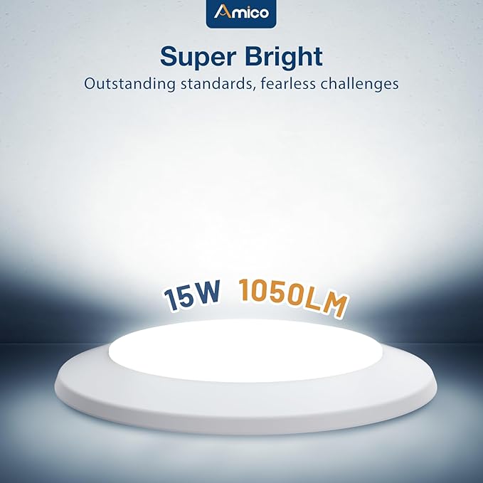 Amico 12 Pack 5/6 Inch LED Disk Lights, Dimmable Flush Mount Ceiling/Recessed Disc Lights, 2700K/3000K/4000K/5000K/6000K Selectable, 15W=110W, 1100LM, Low Profile Surface Mount Can Light, ETL&FCC