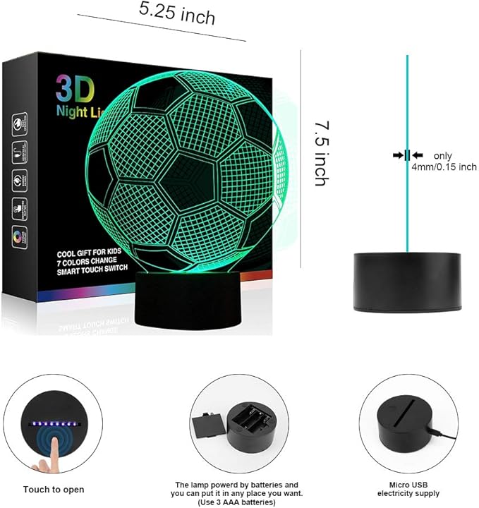 Wiscky Soccer Night Lights for Kids 3D Illusion Football Lights Lamp 7 LED Colors Changing Touch Table Desk Lamps Decorative Lighting Cool Toys Gifts Birthday Holiday Xmas Gifts Sports Theme Fans