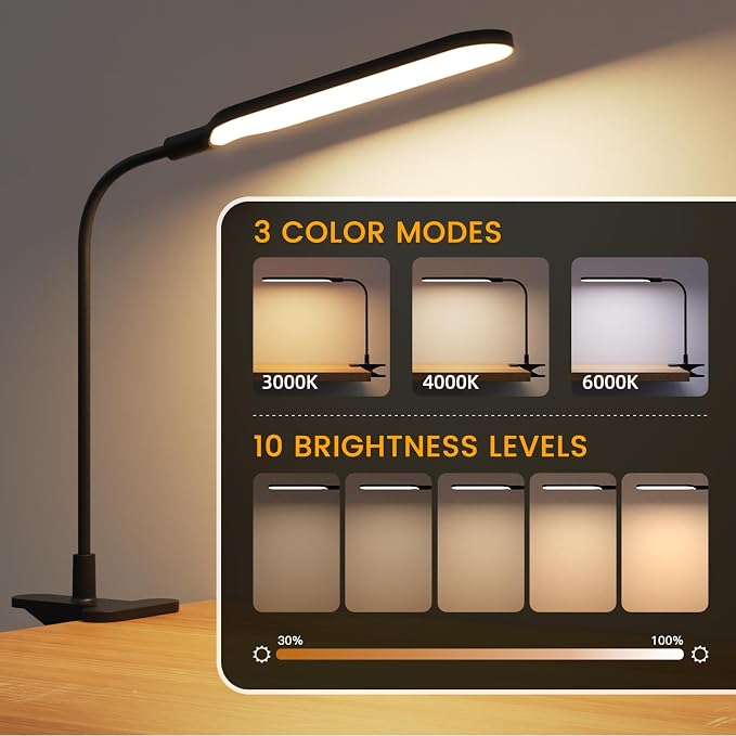 LED Clip on Light, 3 Color Modes & 10 Brightness Levels, 360° Flexible Gooseneck Clamp Lamp, Ultra Wide Brightness Range, USB Eye-Caring Table Light for Home Office/Reading/Painting, Black