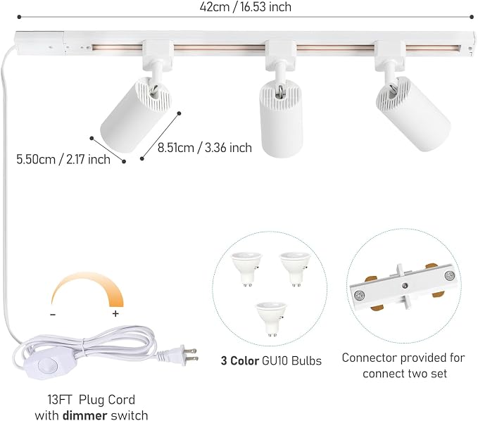 3-Color Dimmable Plug in Track Lighting with Power Cord, 3-Light White | 13FT Dimmable Plug Cord | 3000K 4000K 6000K Adjustable | 6W GU10 Bulbs Included | LED Ceiling Spot Light Fixtures for Kitchen