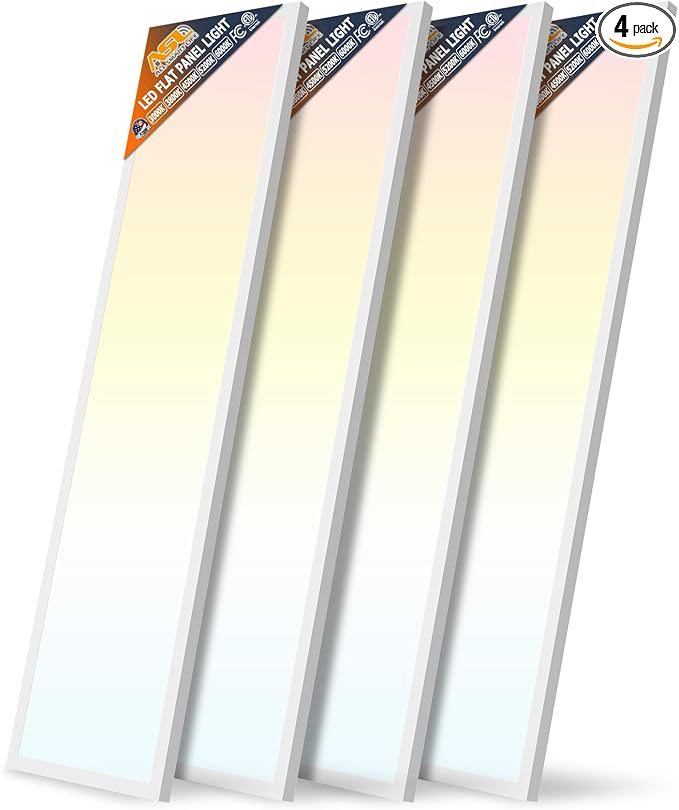 Allsmartlife 4-Pack 1x4 Led Flat Panel Light Surface Mount Ceiling Light, 5CCT 3000K/3800K/4500K/5200K/6000K Dimmable, 24W/30W/40W 4980LM Edge-Lit, Flush Mount or Drop Ceiling for Office Kitchen