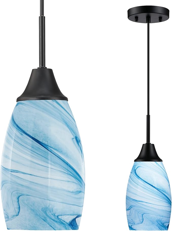 Viinew Mini Glass Pendant Light,4.72" Blue Marble Glass Pendant Lights | Handblown Blue Marble Oval Art Glass Lamp Ceiling Hanging Light 1-Pack Small Chandelier for Dining Room Kitchen