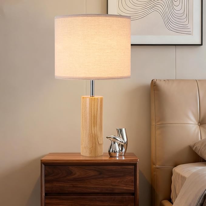 lapupu 23.5" Wood Table Lamps Set of 2 for Living Room, Vintage Farmhouse Bedside Lamps for Bedroom, Large Round Desk Lamps for End Table Nightstand, Natural Wood