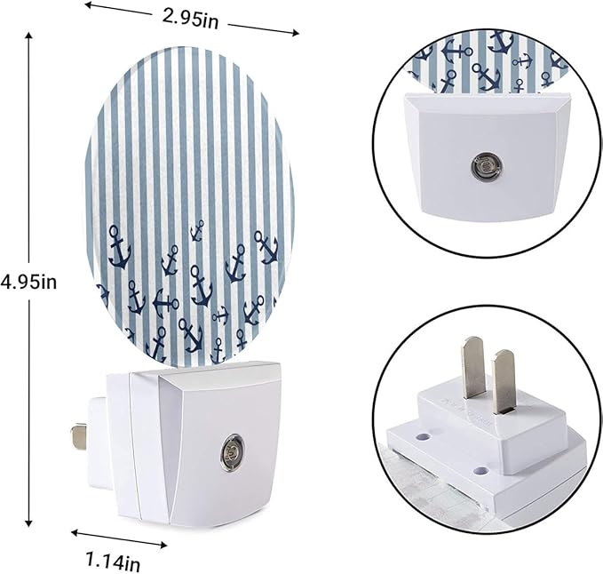 EKOBLA Watercolor Anchor LED Night Light Blue and White Stripes Nautical Coastal Dusk to Dawn Plug-in Nightlights Auto Sensor for Home Indoor Bathroom Hallway Kitchen