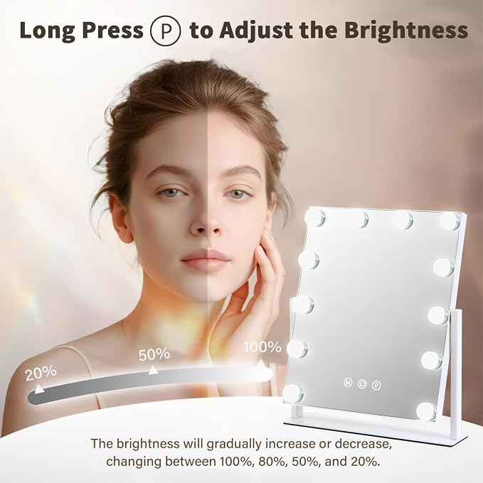 Vanity Mirror with Lights, 13'' x 11'' Lighted Makeup Mirror for Desk, Hollywood Mirror with 12 Dimmable Bulbs, 3 Color Modes, Smart Touch Control, 360°Rotation, Gifts for Girls, Women, Wife