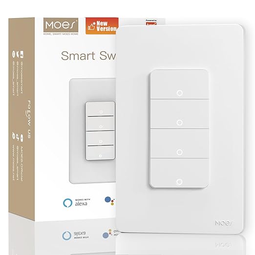 MOES WiFi Smart Light Switch 4 Gang, Neutral Required, White | Inteligente Single Pole Switch, Work with Alexa Google Assistant, Remote Control, No Hub Required