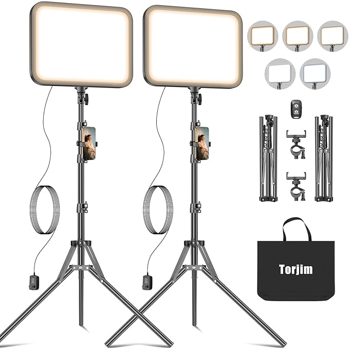 Torjim 11 Inch Video Light Kit for Creators-24W High Brightness Studio Lights with Tripod Stand & Phone Holder & Remote, Adjustable Photography Lighting for Clearer YouTube Streaming Home Studio | Studio Lights with Tripod Stand & Phone Holder | 3000-6...