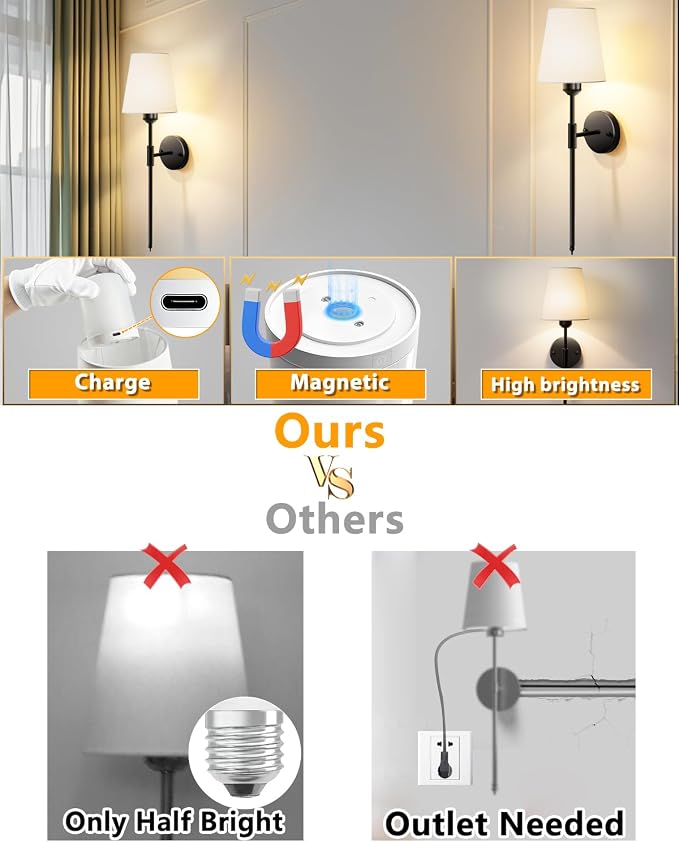 Adetu Wall Sconces Set of 2, Battery Operated Wall Sconce | 10000mAh Magnetic Bulbs and Remote, RGB & 5%-100% Dimmable Rechargeable Wall Lights for Bedroom Living Room Hallway Decor