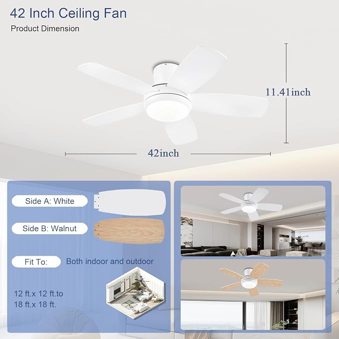 KNUN 42 Inch Ceiling Fan with Light and Remote/App Control, Low Profile Ceiling Fans with Lights,Flush Mount, Double-sided Blades, 3CCT, Dimmable, Noiseless, white Ceiling Fan for Indoor/Outdoor Use