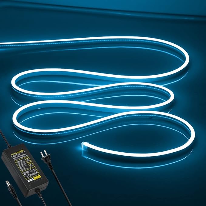 LED Neon Lights Flexible Ice Blue 16.4FT/5M 12V DC Waterproof Flexible LED NEON Light for Indoors Outdoors Decorm [Power Adapter Included]