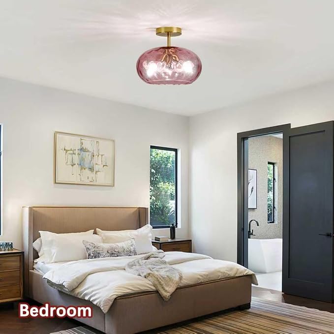 Vintage Semi Flush Mount Ceiling Light ,12″ Art Deco Red Hammered Glass | Gold,Mid Century,Whimsical,MCM,Unique Cute Retro Light Fixtures for Girls Bedroom,Entryway Laundry Room Kitchen Closet Foyer