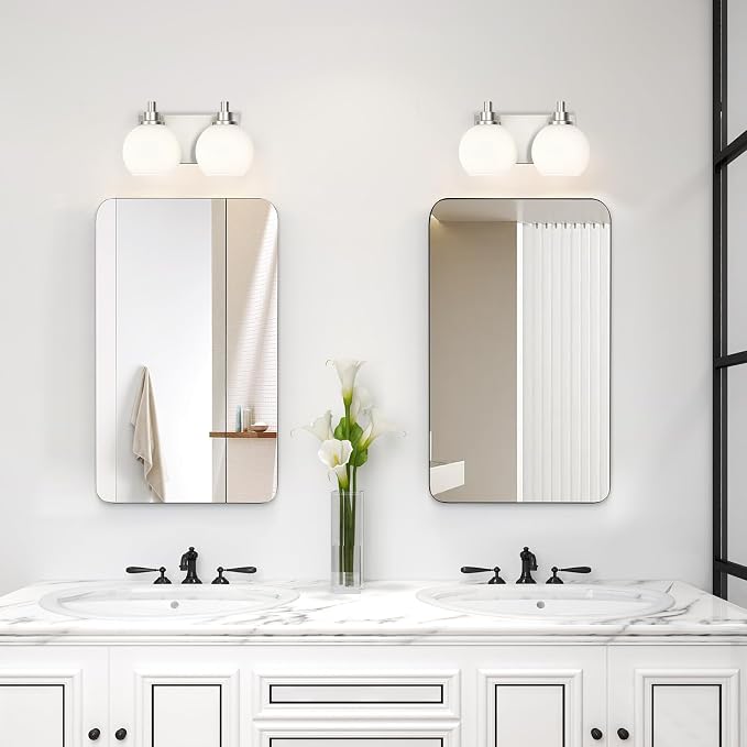 IZORRO Bathroom Light Fixtures, 2-Light Brushed Nickel Vanity Light, Modern Wall Sconces with Globe Milk White Glass Shade, Vanity Lighting Fixtures Over Mirror,E26 Bulb Socket