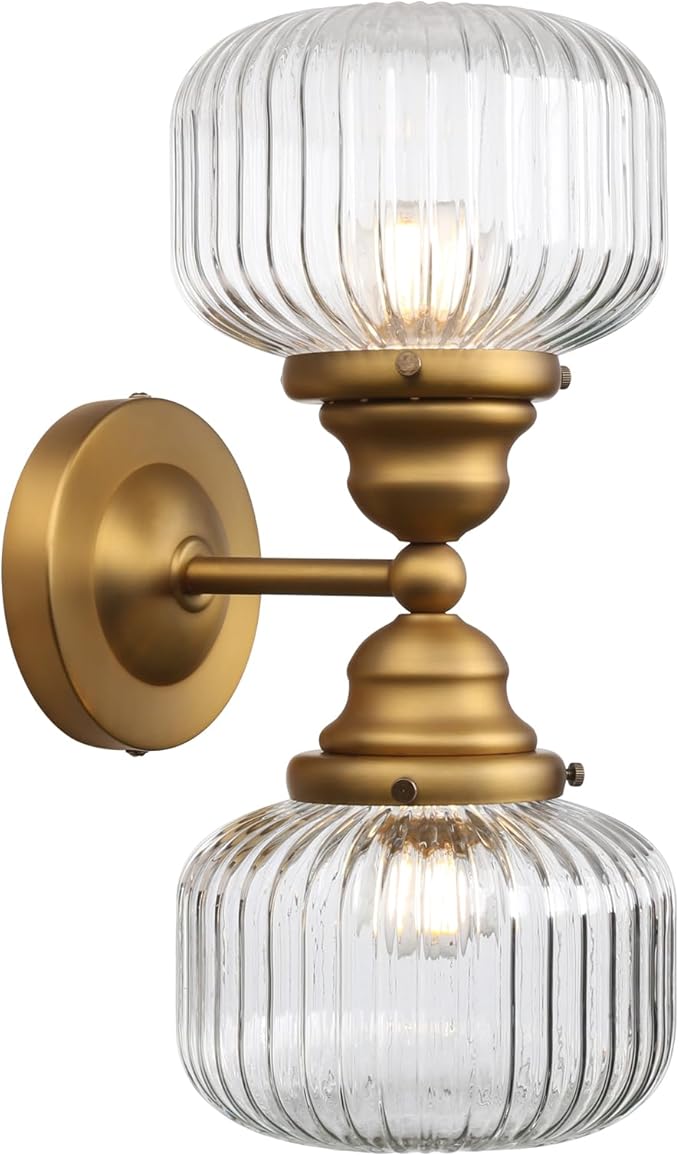Pathson 2-Head Striped Globe Wall Sconces, 2-Lights Bathroom Vanity Light Over Mirror, Brass Vintage Bathroom Sconce Lamp for Living Room Bedroom Above Mirror