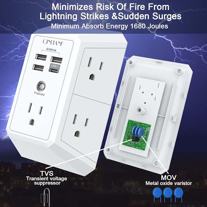 Wall Charger, Surge Protector, QINLIANF 5 Outlet Extender with 4 USB Charging Ports, 3-Sided 1680J Power Strip Multi Plug Adapter Spaced for Home Travel Office