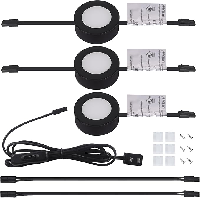 LUMILAND Wired LED Puck Lights 120V (2.7Wx3) Plug-in Lighting Warm White, LED Cabinet Light for Kitchen Can Be Surface Mount or Recess Mount, Black