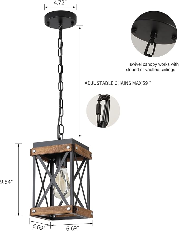 2 Pack Rustic Farmhouse Wood Pendant Light Fixture One-Light Adjustable Chain Oak Wood and Metal Lantern Cage Small Pendant Lighting for Kitchen Island Sink Hallway Farmhouse Bathroom Bar, Black