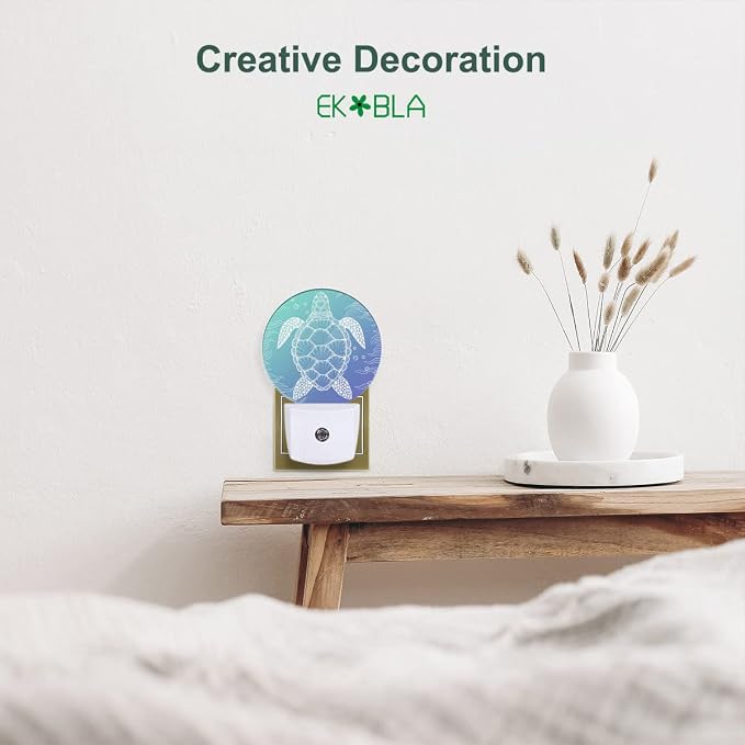 EKOBLA Sea Turtle Corals Fish Night Light with Dusk to Dawn Light Sensors, Blue Underwater Ocean Theme Plug-in Nightlight for Coastal Summer Home Decor, 0.5W Sleep Friendly