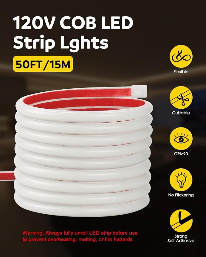 Aclorol 120V COB LED Strip Lights Warm White 3000K Flexible LED Lights 50FT | Outdoor Rope Lights Waterproof IP67, with ON-OFF Switch and Self-Adhesive, for Bedroom Backyard Patio Commercial Decoration