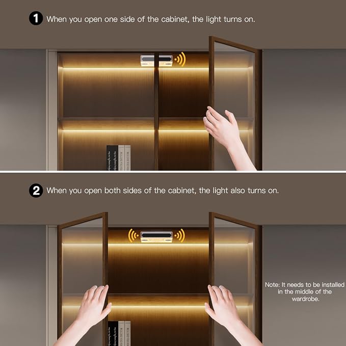 AIMENGTE 12V COB LED Cabinet Lights Strip with Dual-Door Sensor, 6 x 3.3ft Cuttable Under Cabinets Lighting for in-Cabinet, Locker, Closet, Showcase, Gun Safe (Warm White)