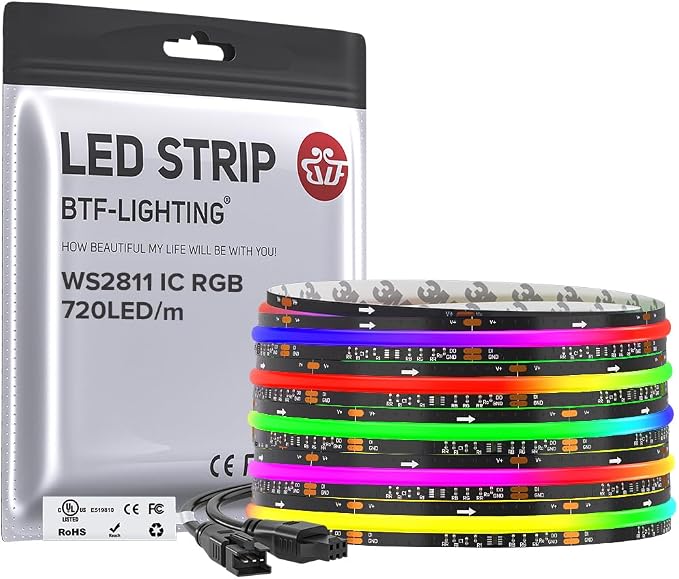 BTF-LIGHTING WS2811 Smart IC RGB FCOB COB LED Strip, UL Listed 720LEDs/m High Density Color Chasing Uniform Light, DC24V 16.4FT 12mm Width Black PCB for Home Party DIY Decor(No Adapter or Controller)