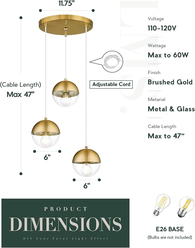 Brushed Gold 3-Light Cluster Pendant Lights, Modern Dining Room Light Fixtures Over Table with Clear Globe Glass, Adjustable Hanging Cord Ceiling Light for Dining Room Kitchen Island, LMS-186BGC3