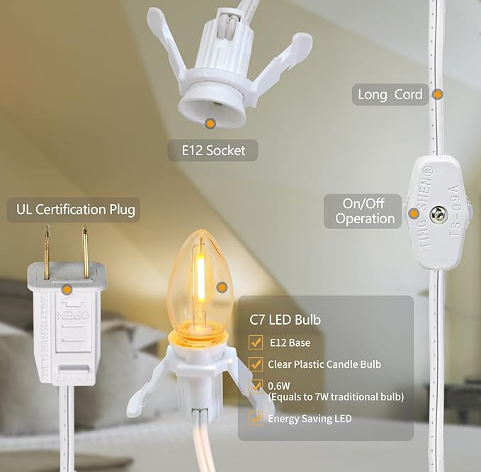4 Pack Accessory Cord with LED Night Light Bulbs - White Cord with On/Off Switch - C7 led Bulb Warm White with Spare Fuse for Holiday Decoration and Craft Village House Decoration