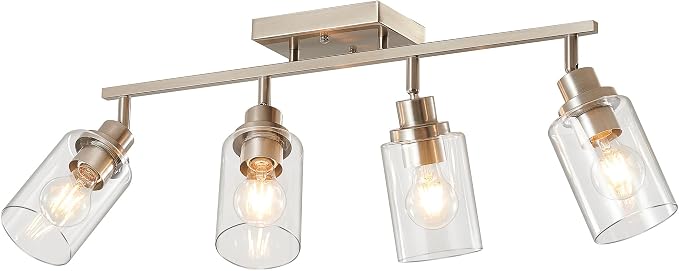 LOUSACE 4-Light Brushed Nickel Track Lighting Kit with Clear Glass, Modern Track Light Fixtures Flush Ceiling Mounted, Tracking Vanity Lighting Rotatable Spotlight for Kitchen Bathroom Accent Shop