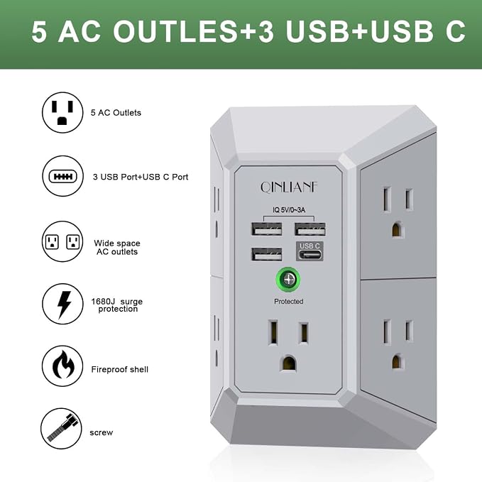 USB Wall Charger, Surge Protector, QINLIANF 5 Outlet Extender with 4 USB Charging Ports(3U1C) 3-Sided 1680J Power Strip Multi Plug Outlets Wall Adapter Spaced for Home Travel Office, Grey