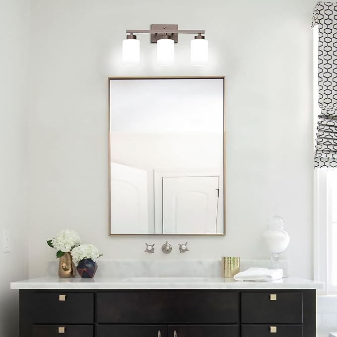 IZORRO Modern Bathroom Light Fixtures, 3 Light Oil-Rubbed Bronze Vanity Lights, Bathroom Lighting Fixtures Over Mirror with White Glass for Living Room Cabinet Bedroom