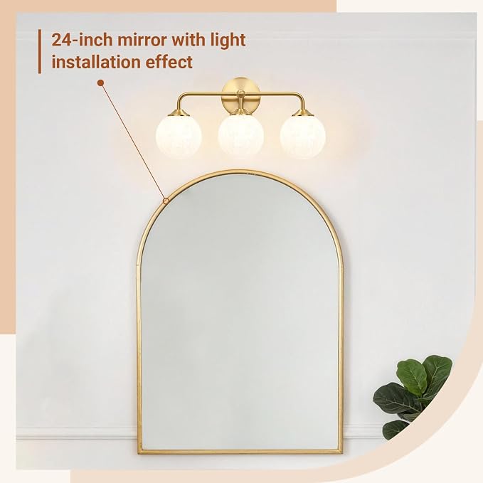 Modern Brushed Gold 3-Lights Vanity Light Fixtures with Carved White Glass Ball Shades, Mid Century Brass Wall Sconce Lighting Fixtures over Mirror, Wall Sconces for Bathroom Dressing Table Bedroom