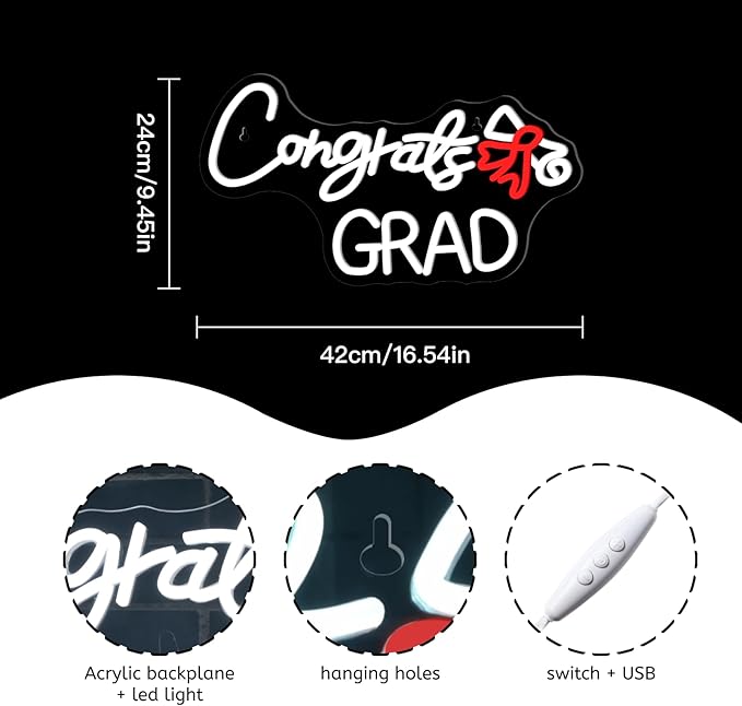WLHOPE Congrats Grad Neon Sign with Scroll Graduation Decorations 2025 White Red LED lights for Party College High School Class Graduation Gifts