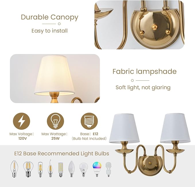 Aiwen 2-Light Bedroom Wall Lamps Polished Solid Brass Finish Wall Lights with White Flax Fabric Shade Vintage Reading Lights Wall Sconces for Bedside Hallway E12