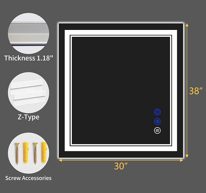 38"x30" LED Bathroom Mirror with Lights,Anti-Fog,3 Color Modes