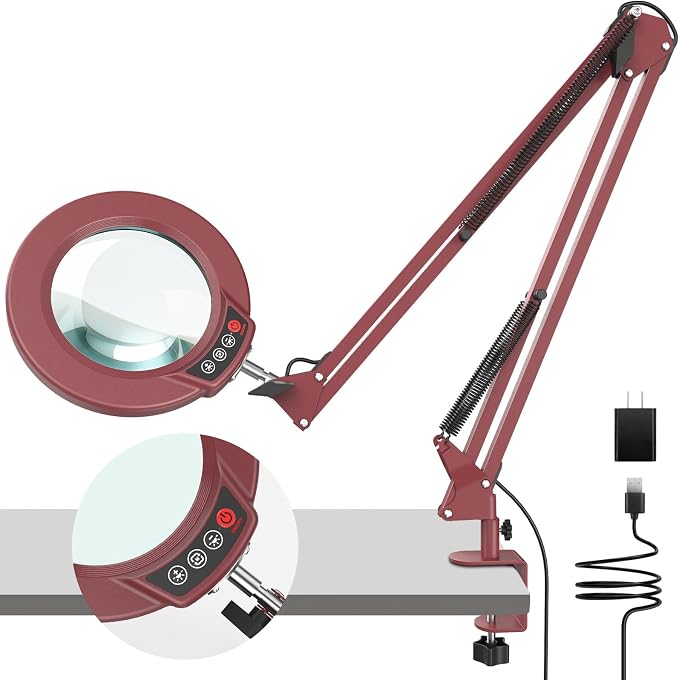 10X Magnifying Glass with Light and Clamp, Real Glass Stand Lighted Magnifier, 2*16 Arm 5 Color Modes Stepless Dimmable LED Desk Lamp Hands Free for Craft Hobby Reading Painting Close Work Large RED