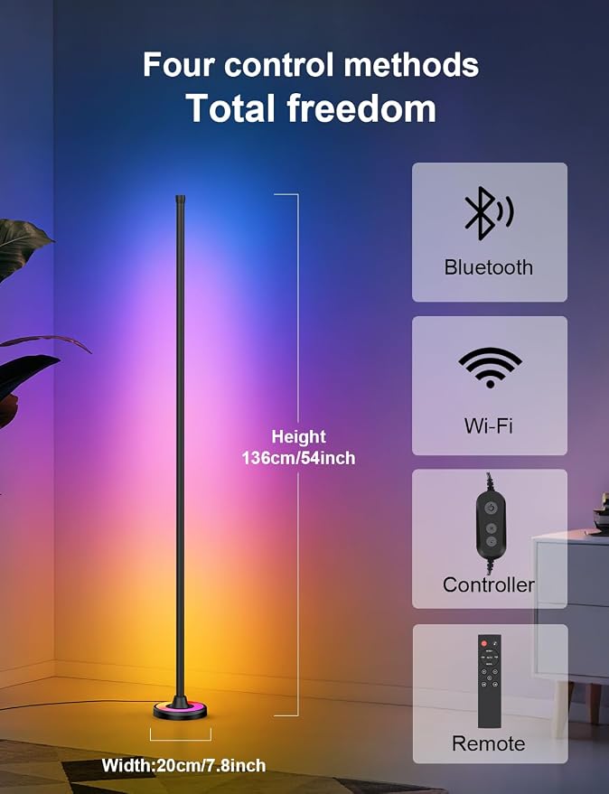 RGBW 60 Inch Floor Lamp, Standing Lamps with App Control | Smart Corner Floor Flamp Color Changing Modern Standing Lamps with 110 Scenes for Bedroom, Living Room,Compatible with Alexa