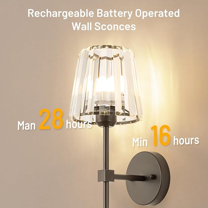 Crystal Battery Operated Wall Sconces Set of 2, Brown Rechargeable Wireless Wall Lights with Crystal Lampshade, 12 RGB and 3CCT Dimmable Wall Lamps with Remote for Bedroom Living Room Hallway