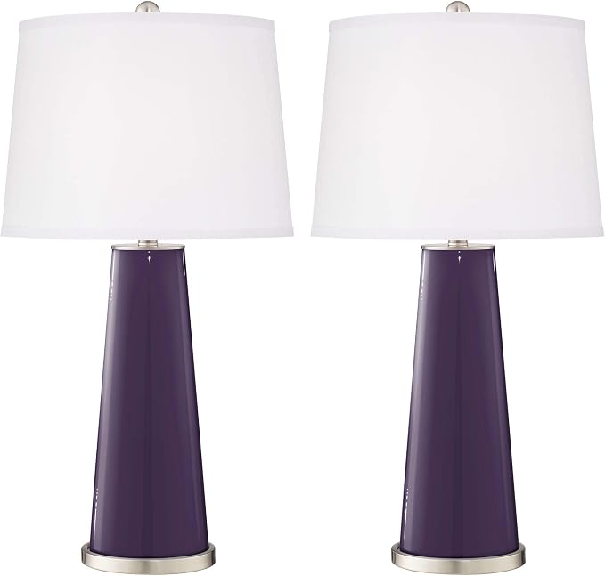 Leo 29 1/2" Tall Table Lamps Set of 2 Quixotic Plum Purple Glass Modern | Plain Column Tapered Gauntlet Gray Bedroom Living Room House Home Bedside Nightstand Office Family White Drum Shade