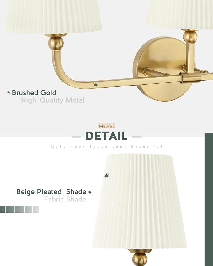 3-Light Gold Bathroom Vanity Light, Beige Pleated Fabric Shade | 25" 3-light gold double wall sconce with beige pleated fabric shades, E26 bulbs, hardwired, upward only, VL837-BG-Z-B-3