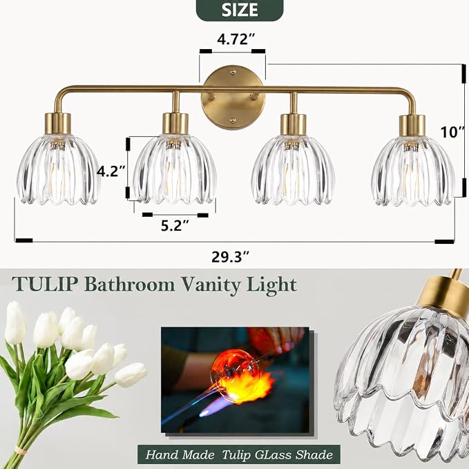 4-Light Gold Brass Bathroom Light Fixture with Clear Tulip Glass Shade,Wall Sconces,Vintage Vanlity Light Over Mirror,Bathroom Wall Light,E26 Socket(Bulbs Not Included) ASIN B0FVG
