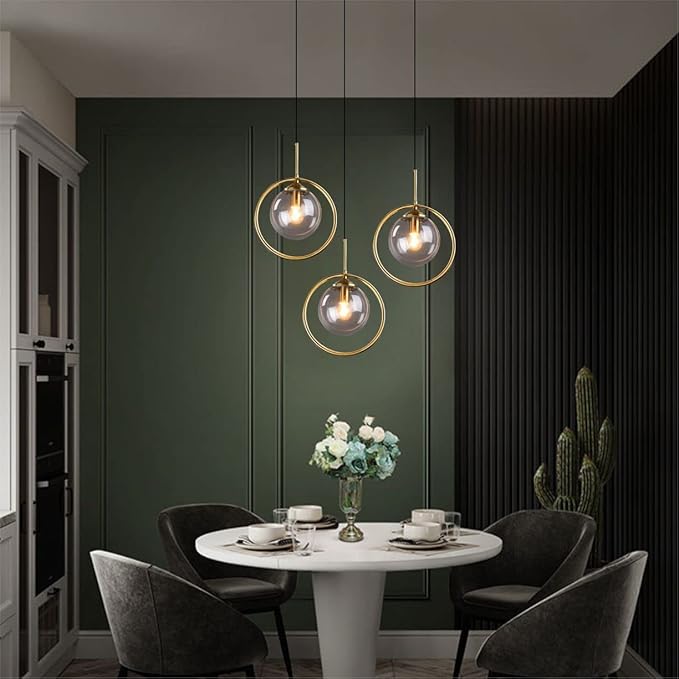 BOKT Mid Century Modern Large Globe Pendant Light Fixture Smoke Grey Glass Pendant Lighting Vintage Gold Circle Round Pendant Hanging Lights Minimalist Single Bathroom Lighting